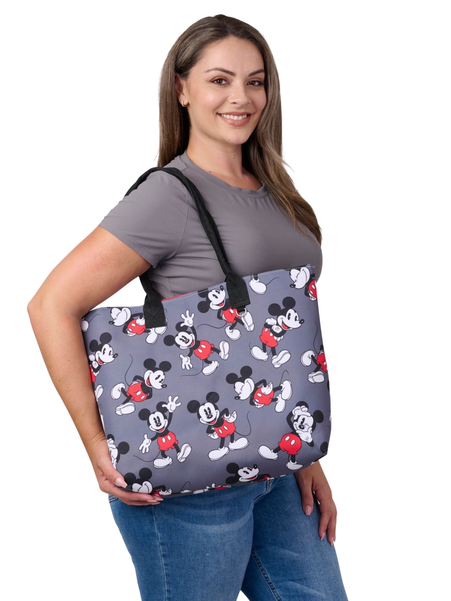 Disney Mickey Mouse Tote Bag D-Ring Charm Hook Grey Nylon Cordura Travel Women's