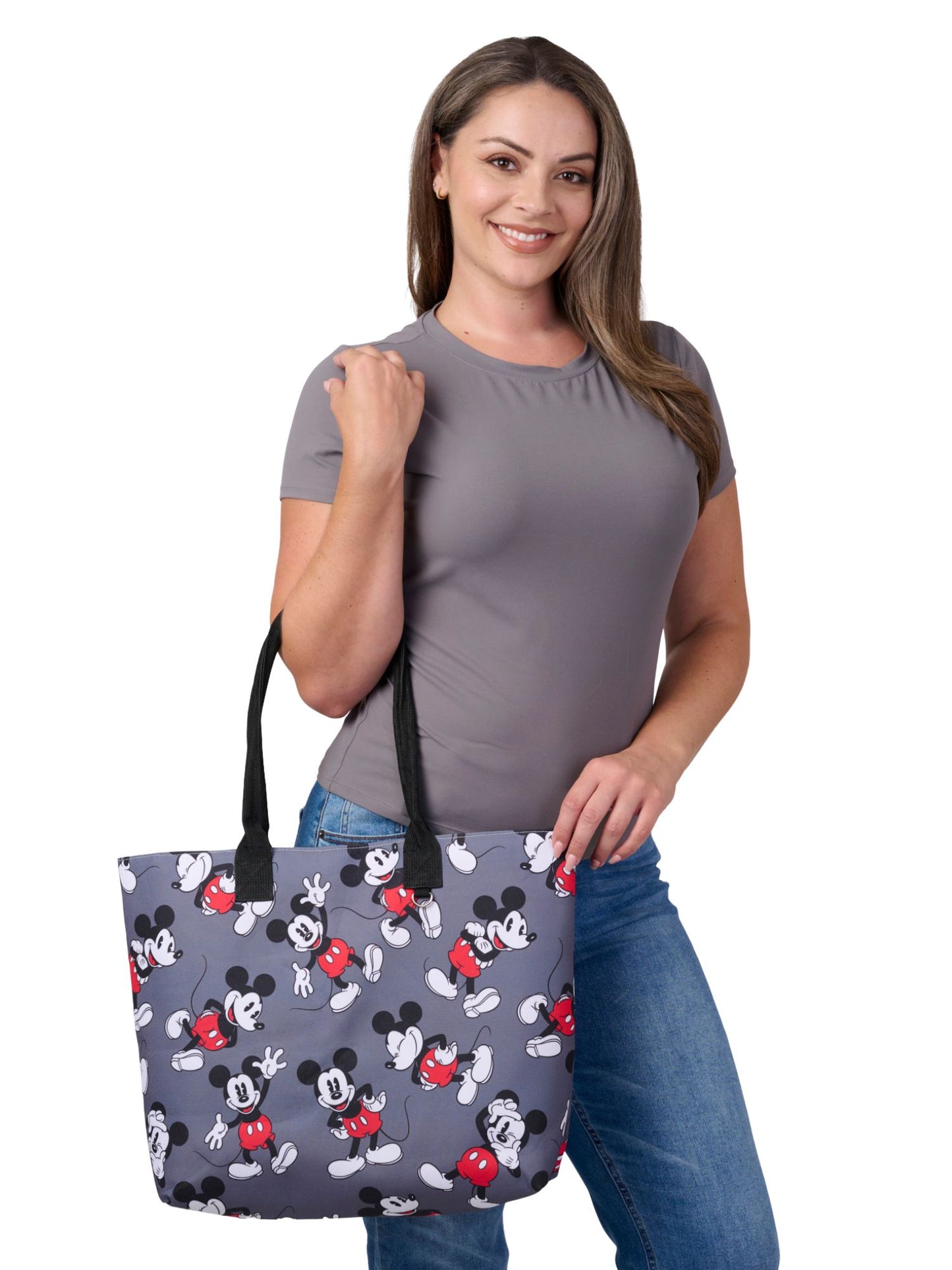 Disney Mickey Mouse Tote Bag D-Ring Charm Hook Grey Nylon Cordura Travel Women's