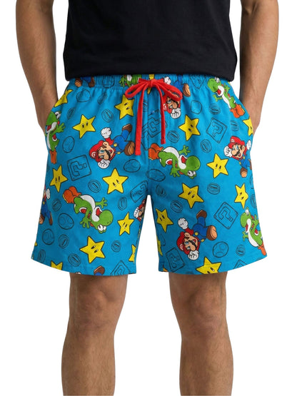 Mens Nintendo Mario Yoshi Wars Pajama Sleep Shorts Loungewear Pockets Blue