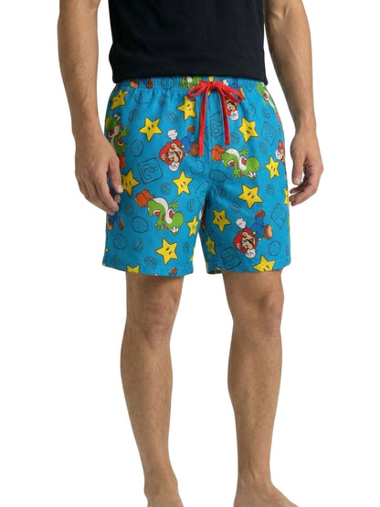Mens Nintendo Mario Yoshi Wars Pajama Sleep Shorts Loungewear Pockets Blue