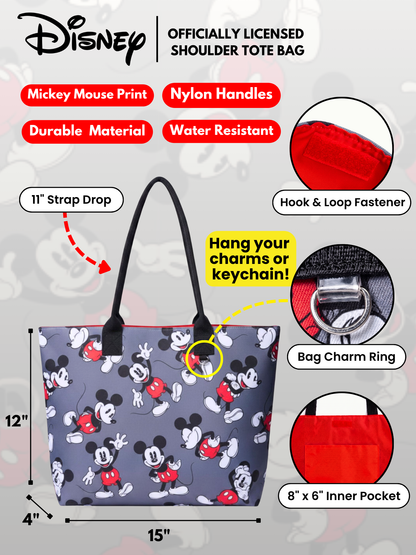 Disney Mickey Mouse Tote Bag D-Ring Charm Hook Grey Nylon Travel Women's