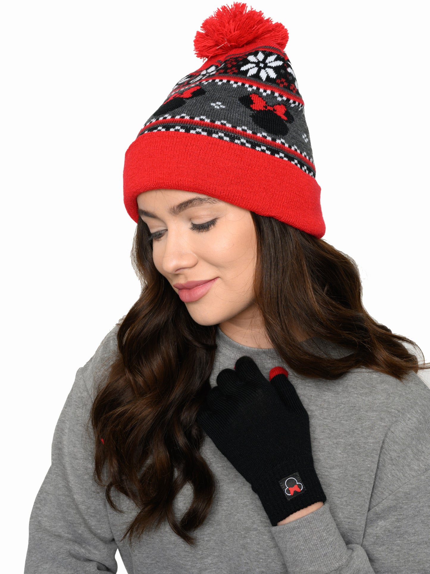 Adult Womens Minnie Mouse Knit Hat, Gloves & Scarf 3-Piece Gift Set