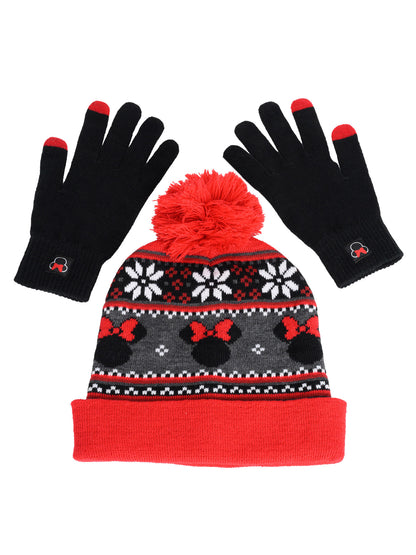 Adult Womens Minnie Mouse Knit Hat, Gloves & Scarf 3-Piece Gift Set