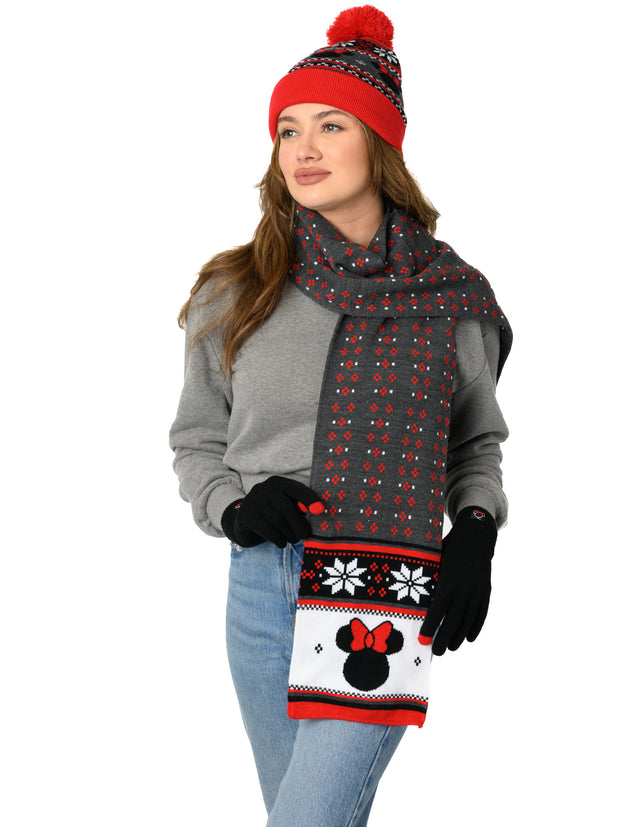 Adult Womens Minnie Mouse Knit Beanie, Gloves & Scarf 3-Piece Gift Set