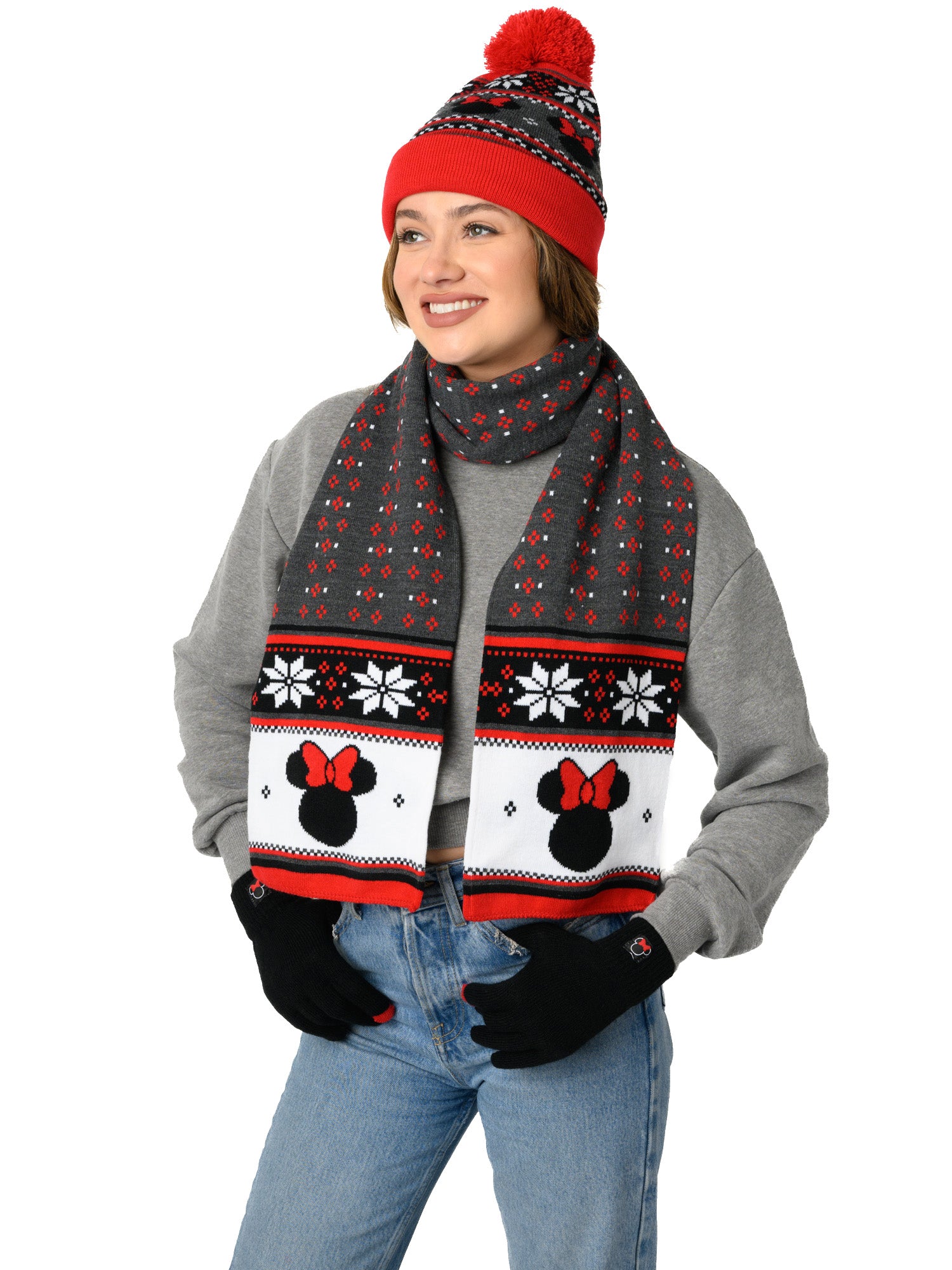 Adult Womens Minnie Mouse Knit Hat, Gloves Scarf 3-Piece Gift Set
