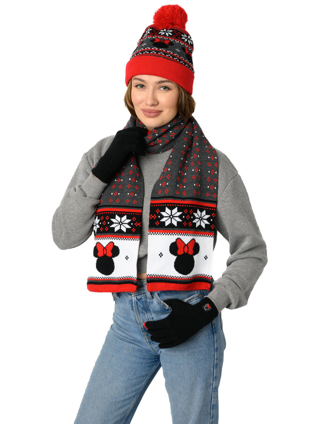 Adult Womens Minnie Mouse Knit Beanie, Gloves & Scarf 3-Piece Gift Set