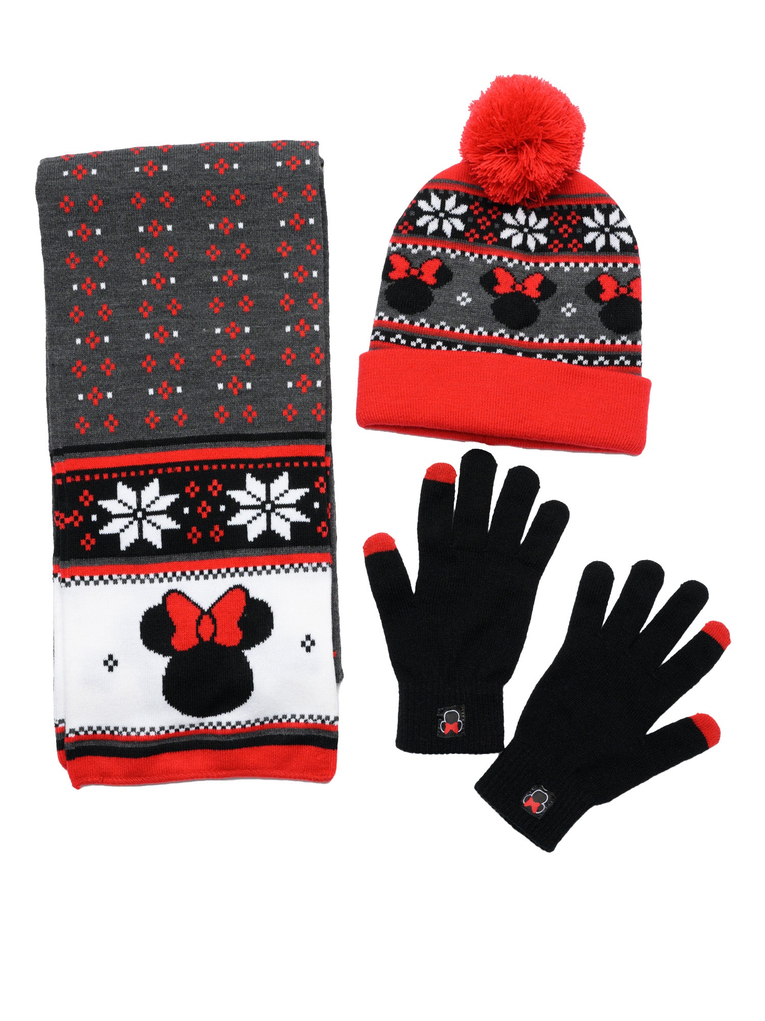 Adult Womens Minnie Mouse Knit Hat Gloves Scarf 3 Piece Gift Set Open and Clothing