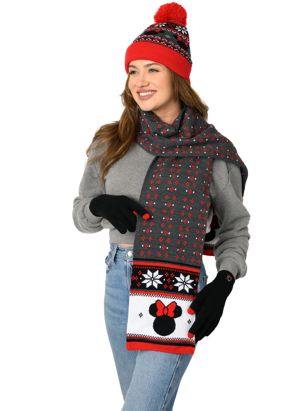 Disney Minnie Mouse Knit Beanie, Gloves & Scarf Womens Adult 3-Piece Winter Set