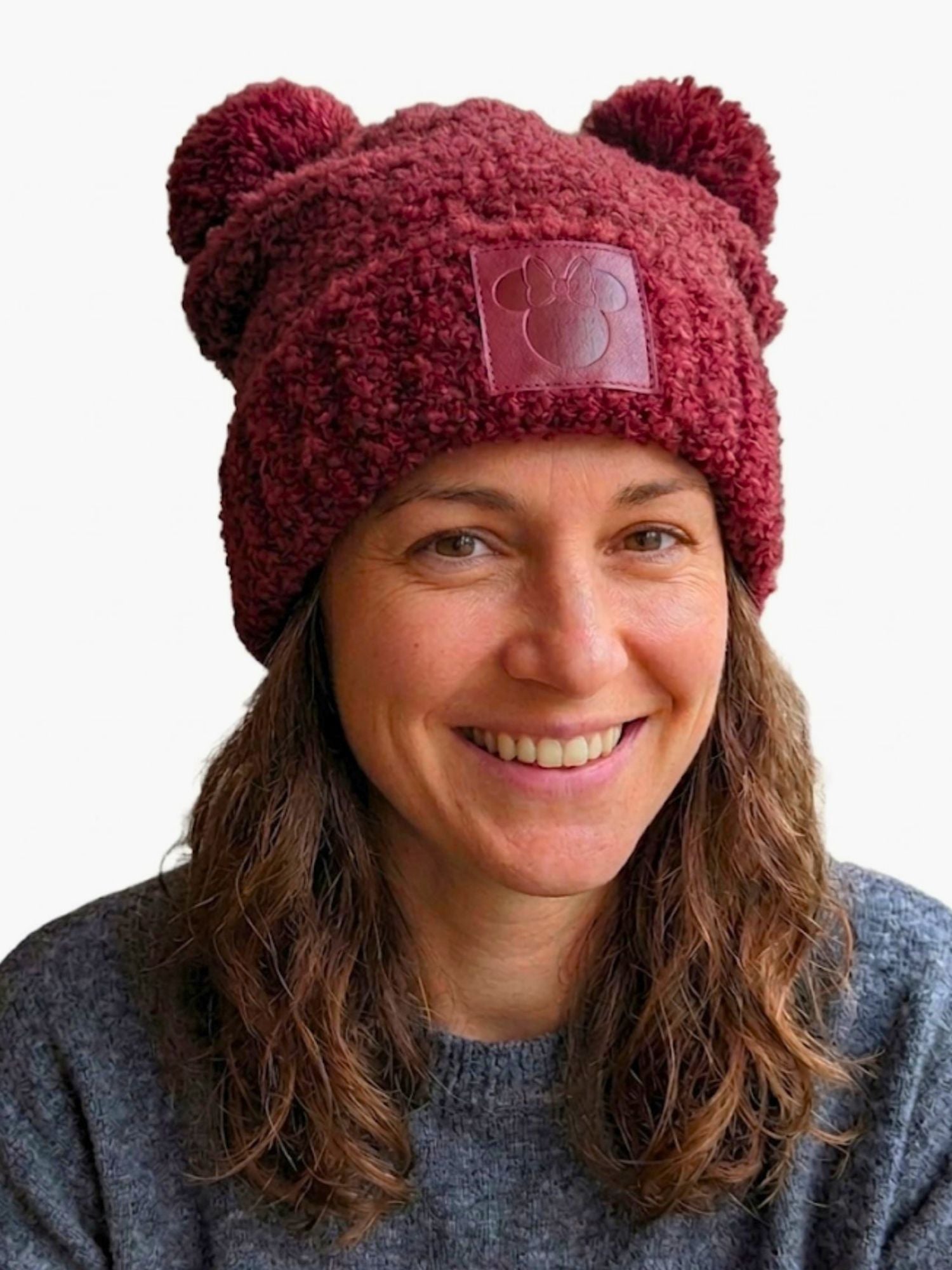 Disney Minnie Mouse Women's Double Pom Beanie Burgundy Fuzzy Knit Winter Hat