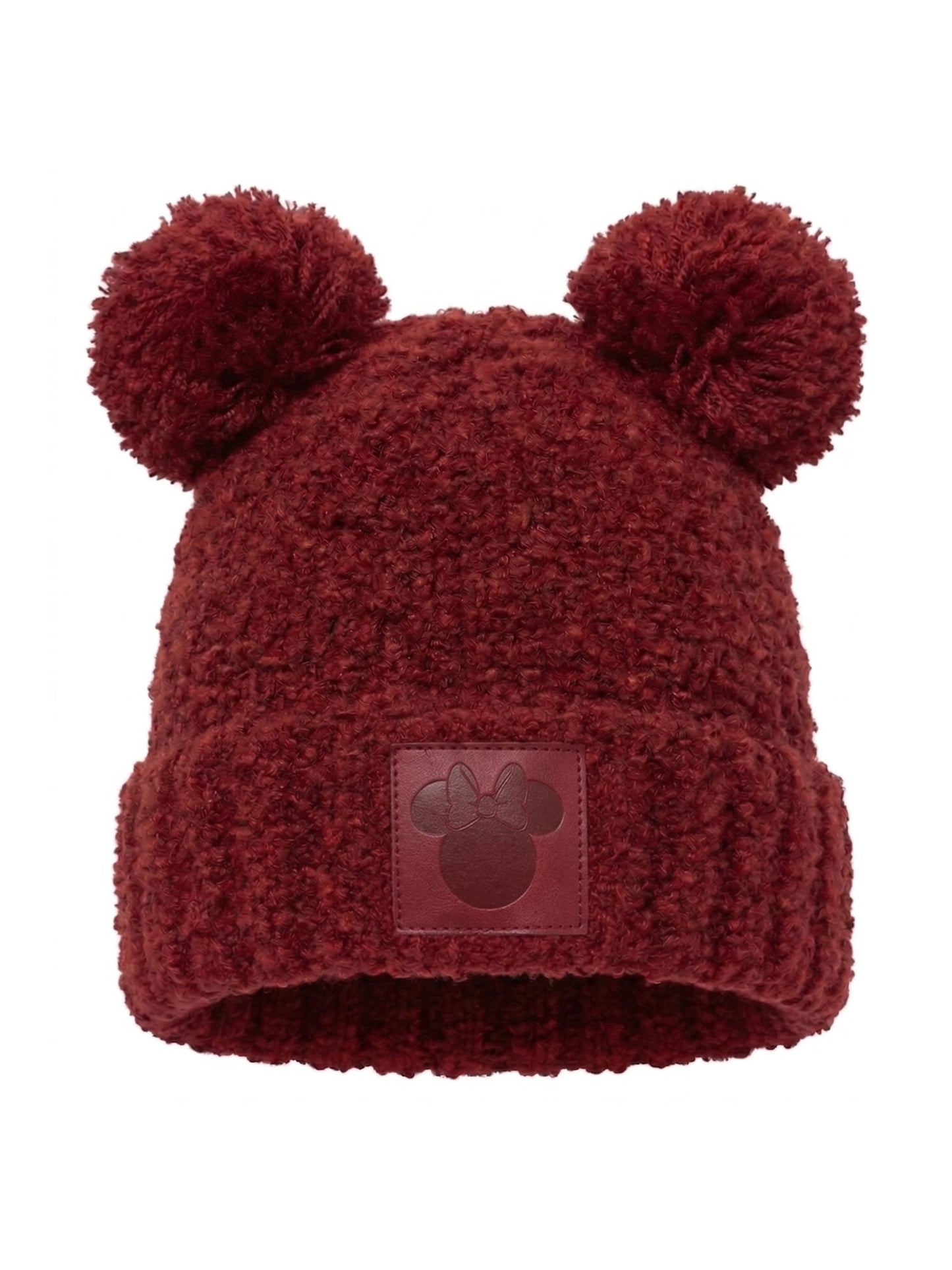 Disney Minnie Mouse Women's Double Pom Beanie Burgundy Fuzzy Knit Winter Hat