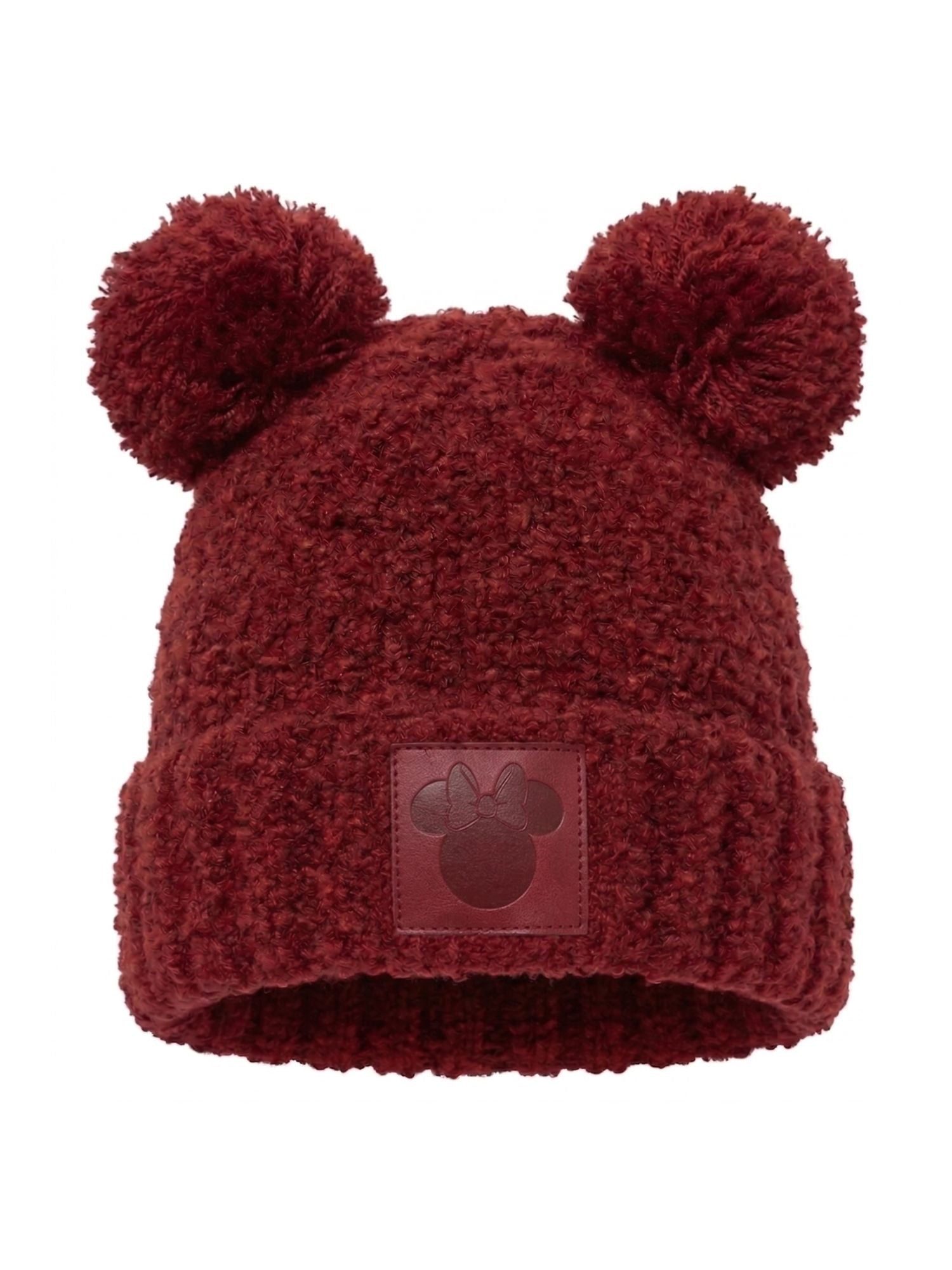 Disney Minnie Mouse Women's Double Pom Beanie Burgundy Fuzzy Knit Winter Hat