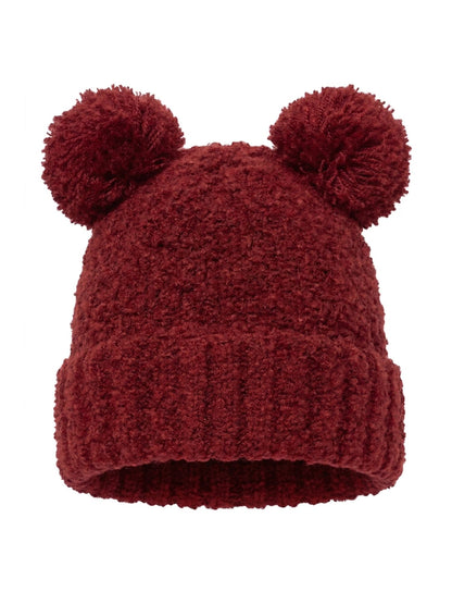 Disney Minnie Mouse Women's Double Pom Beanie Burgundy Fuzzy Knit Winter Hat