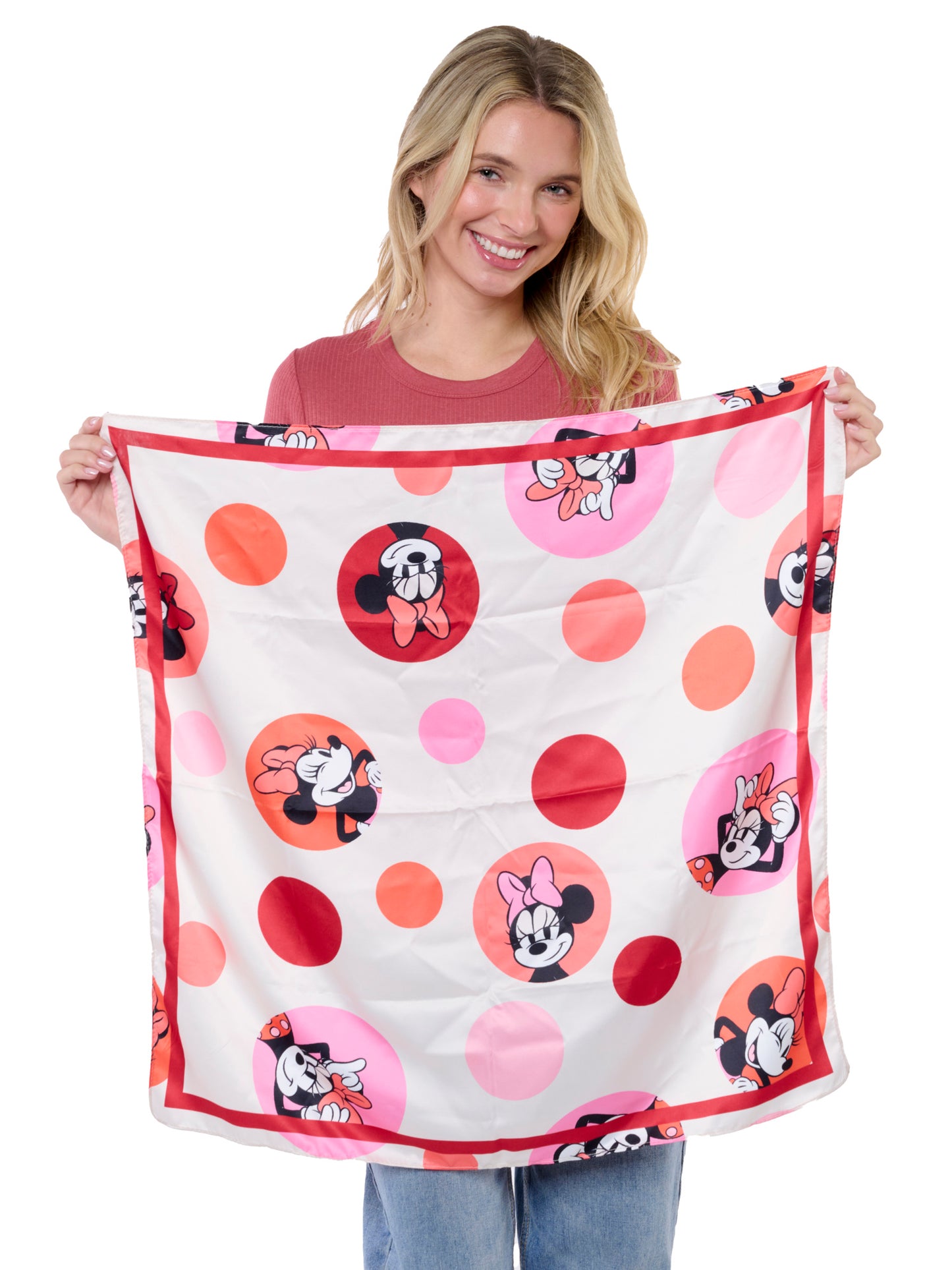 Disney Minnie Mouse Silky Scarf 27” x 27” Large Red Bow Icon Square Head Wrap