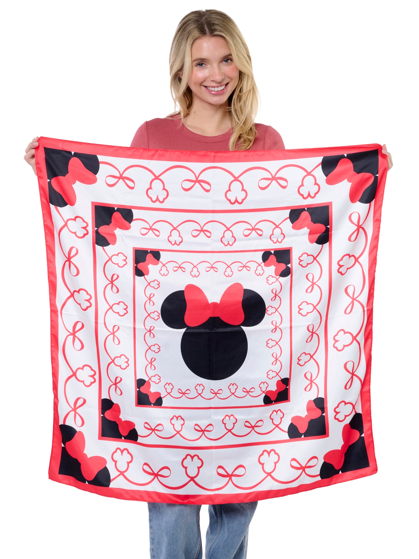 Disney Minnie Mouse 35” x 35” Red Bow Silky Square Scarf Women's Head Wrap