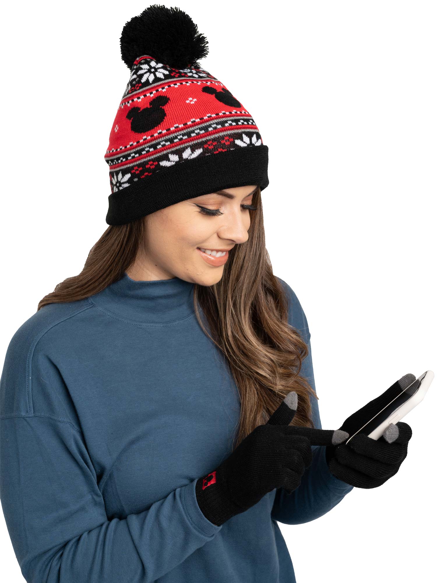 Adult Disney Mickey Mouse Knit Beanie Hat & Touch Screen Gloves Unisex Black Set
