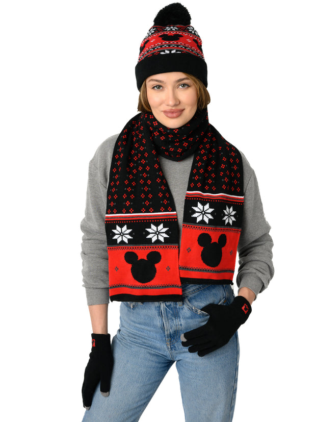 Disney Mickey Mouse Knit Beanie Hat, Gloves & Scarf 3-Piece Adult Winter Set