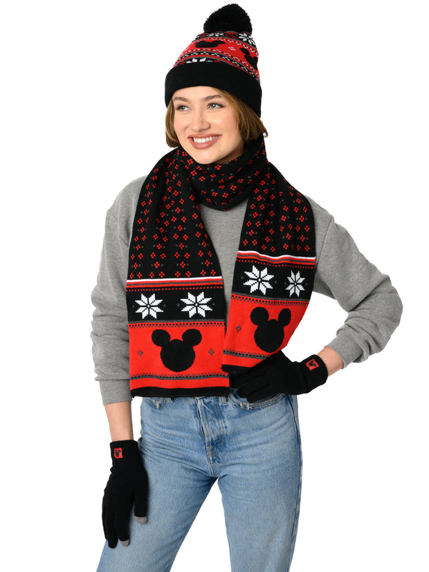 Disney Mickey Mouse Knit Beanie Hat, Gloves & Scarf 3-Piece Adult Winter Set