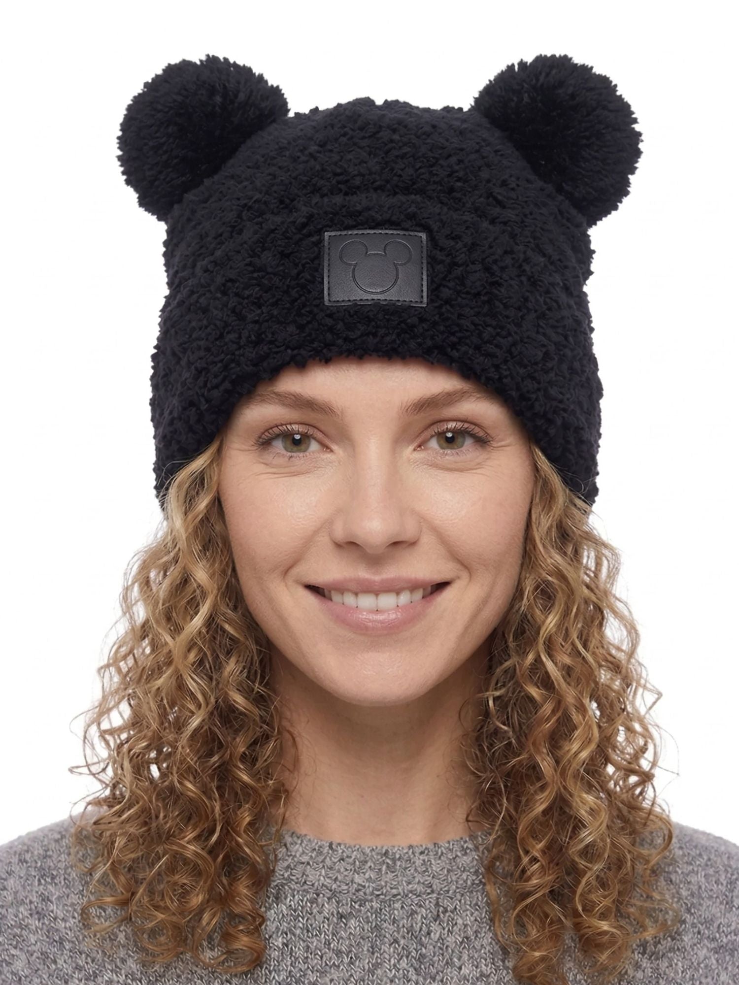 Disney Mickey Mouse Women's Double Pom Beanie Black Fuzzy Knit Winter Hat Adult