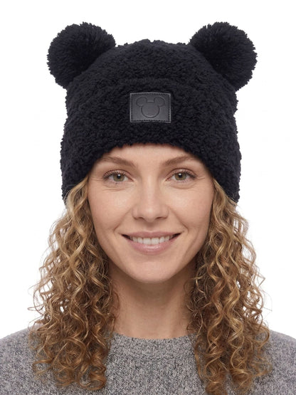 Disney Mickey Mouse Women's Double Pom Beanie Black Fuzzy Knit Winter Hat Adult