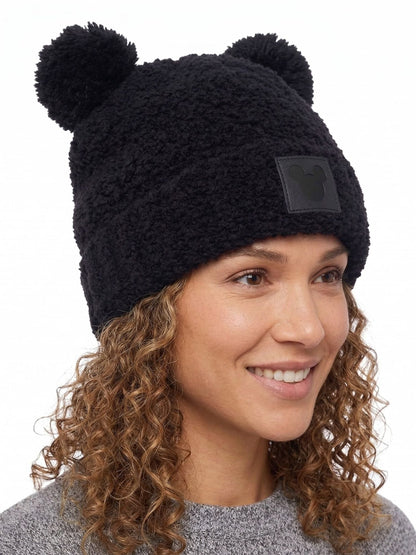 Disney Mickey Mouse Women's Double Pom Beanie Black Fuzzy Knit Winter Hat Adult