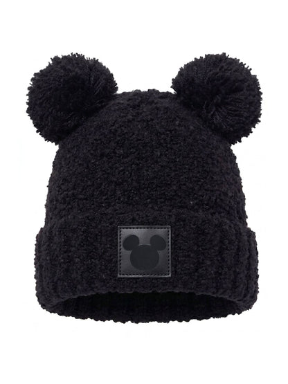 Disney Mickey Mouse Women's Double Pom Beanie Black Fuzzy Knit Winter Hat Adult