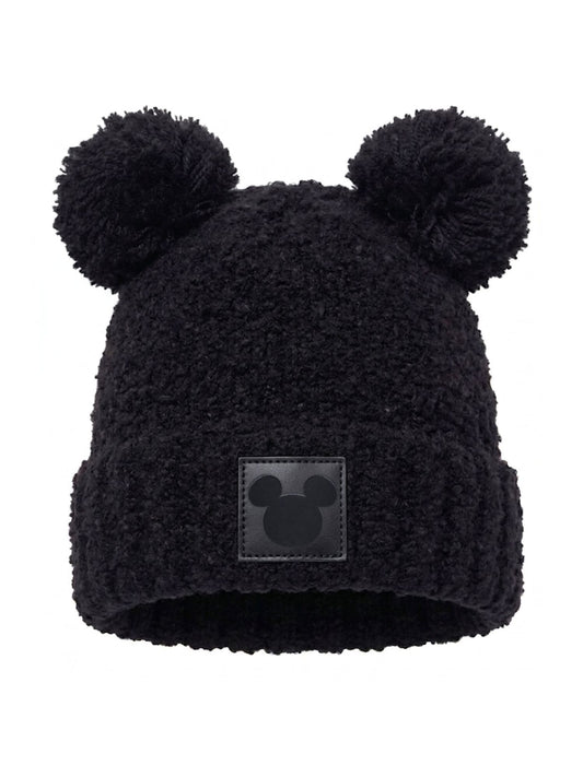 Disney Mickey Mouse Women's Double Pom Beanie Black Fuzzy Knit Winter Hat Adult
