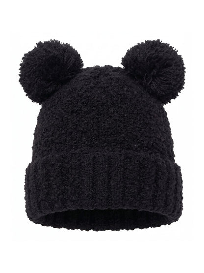 Disney Mickey Mouse Women's Double Pom Beanie Black Fuzzy Knit Winter Hat Adult