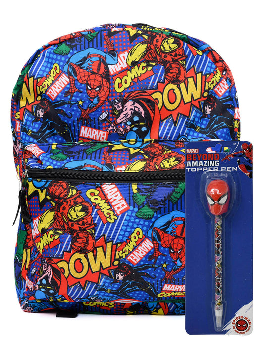 Marvel Avengers Backpack 16" All-Over Print & Spider-Man Pen Topper Amazing Set