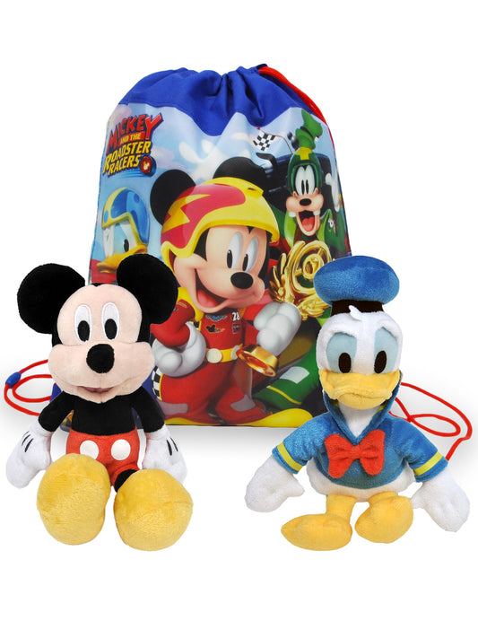 Kids Disney 11" Mickey & Donald Plush Doll w/ 14" Mickey Racers Drawstring Bag