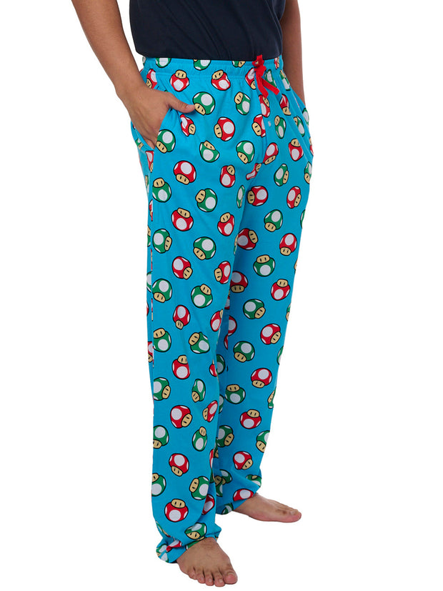 Men's Super Mario Bros Mushrooms Pajama Pants Lounge Wear Nintendo Blue