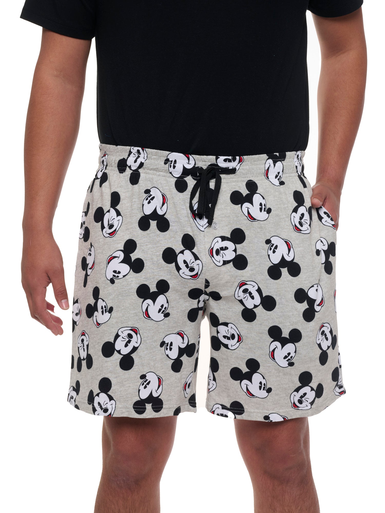 Mens Disney Mickey Mouse Pajama Sleep Shorts Gray Black Pockets