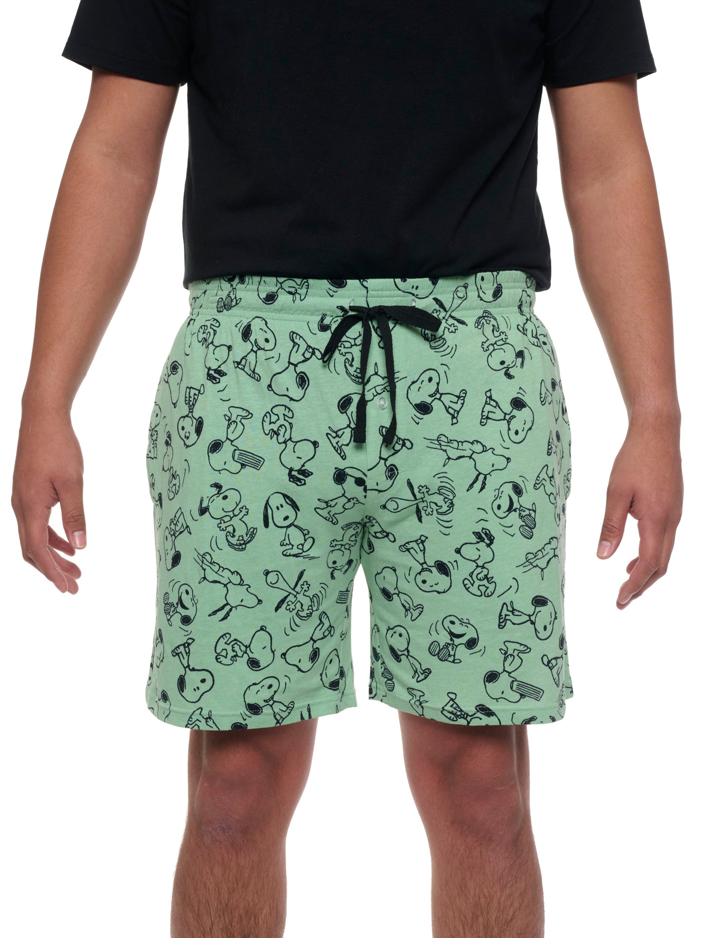 Mens Peanuts Snoopy Pajama Sleep Shorts Pockets Green