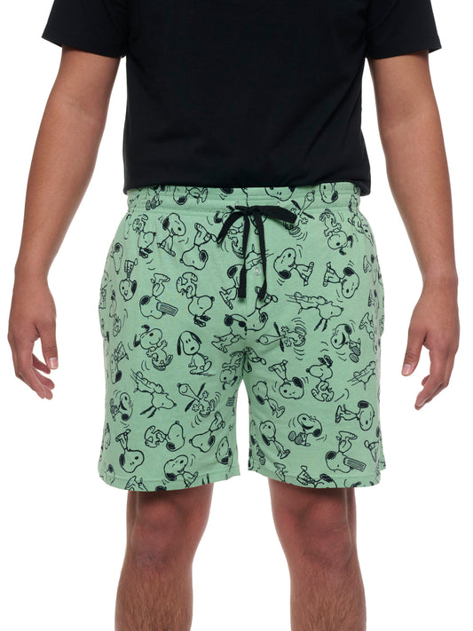 Mens Peanuts Snoopy Pajama Sleep Shorts Pockets Green