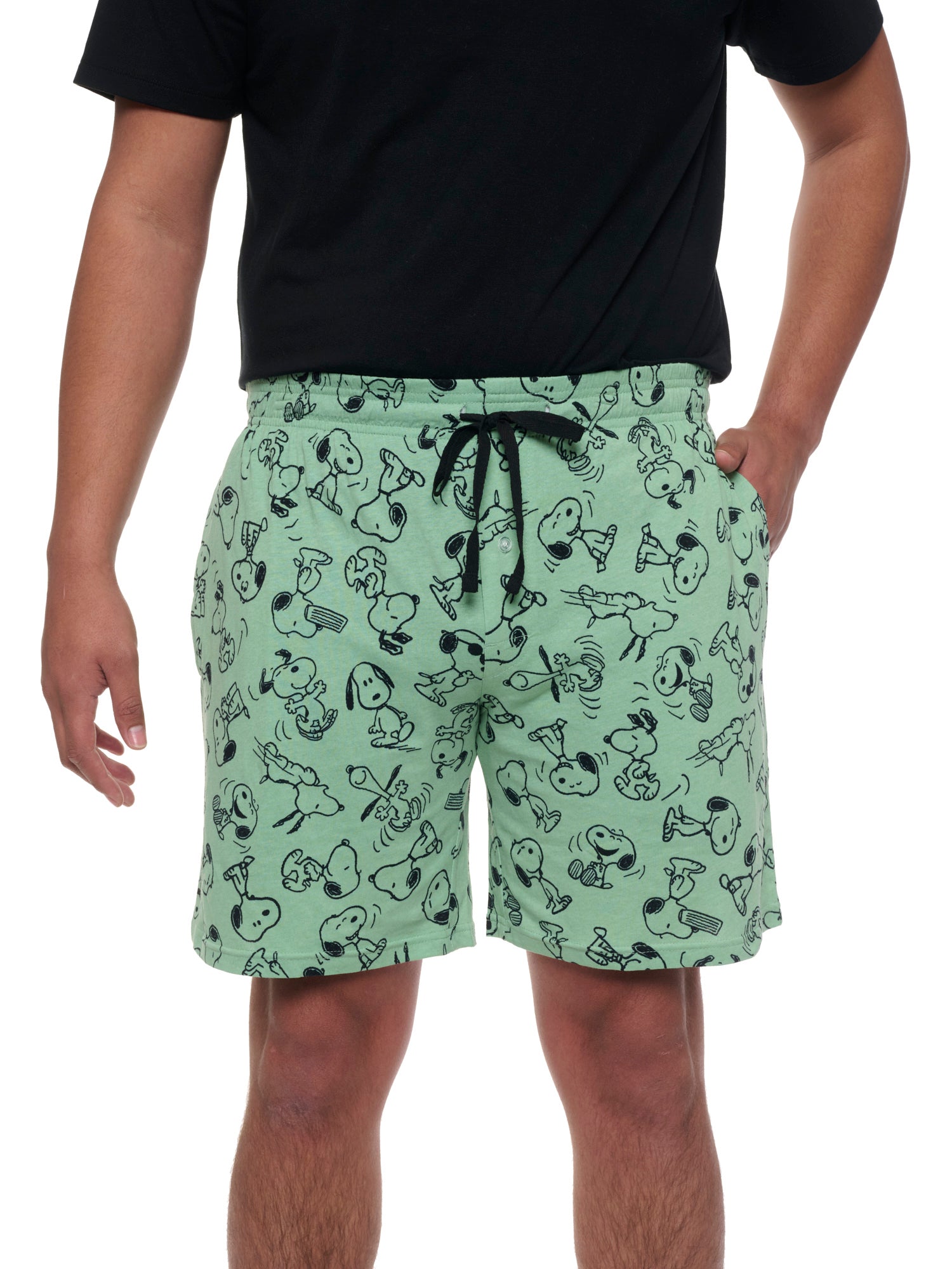 Mens Peanuts Snoopy Pajama Sleep Shorts Pockets Green