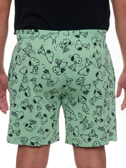 Mens Peanuts Snoopy Pajama Sleep Shorts Pockets Green