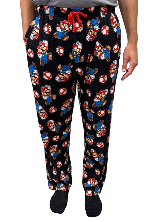 Nintendo Men's Super Mario & Mushroom All-Over Print Pajama Sleep Pants, Black
