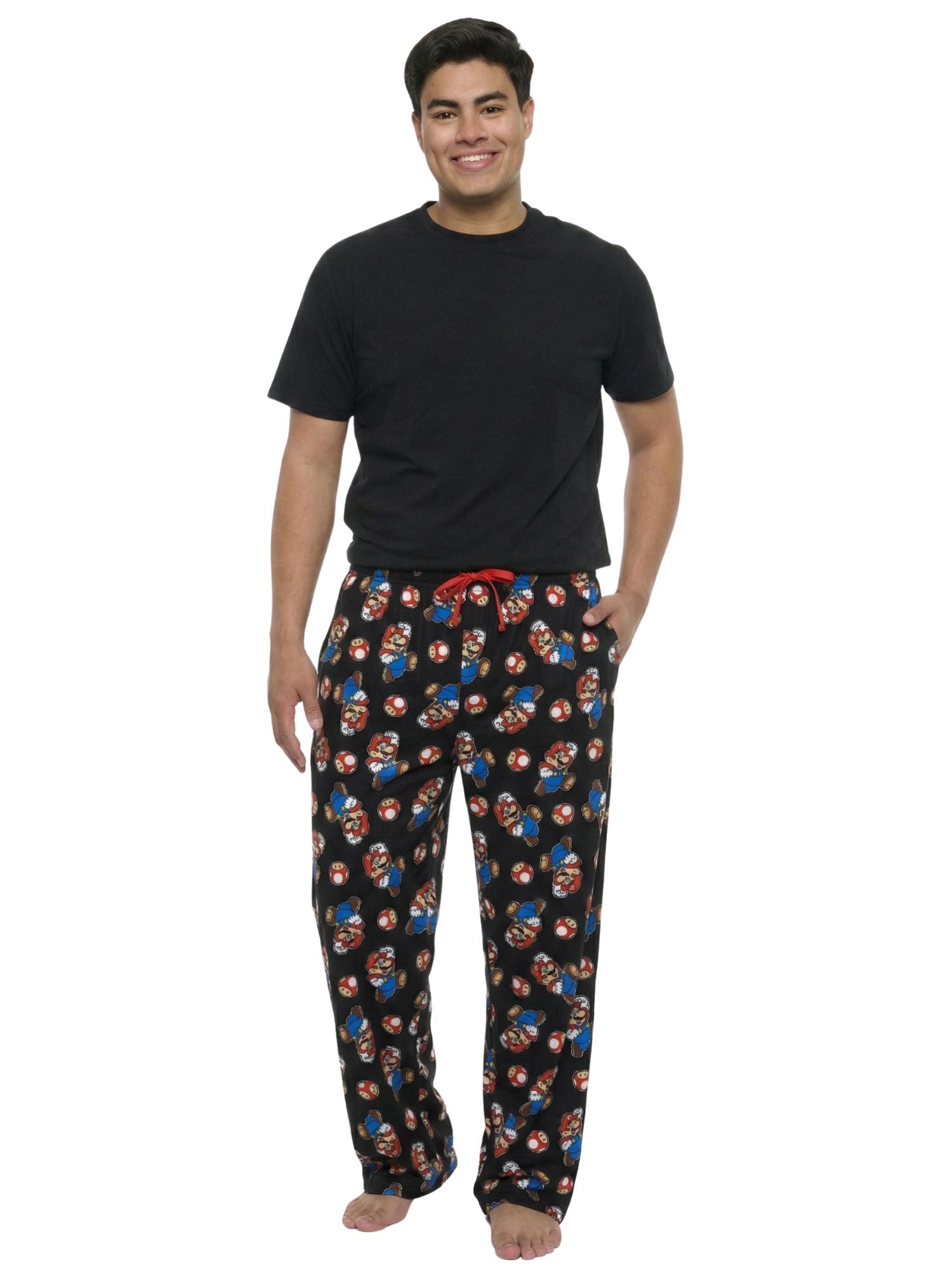 Nintendo Men's Super Mario & Mushroom All-Over Print Pajama Sleep Pants, Black