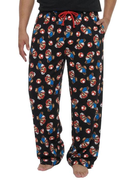 Nintendo Men's Super Mario & Mushroom All-Over Print Pajama Sleep Pants, Black
