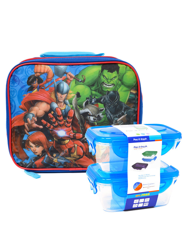 Avengers Insulated Lunch Bag Ms Marvel Hulk Thor w/ 2-Pack Snack Container Set