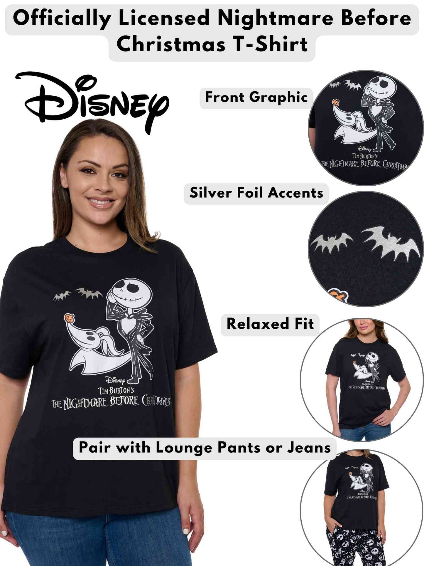 Women's Disney Jack Skellington and Zero Short Sleeve T-Shirt Foil Details Black