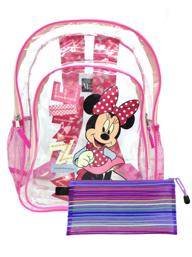 Disney Minnie Mouse Transparent Backpack 16" w/ Mesh Zipper Pencil Pouch Set