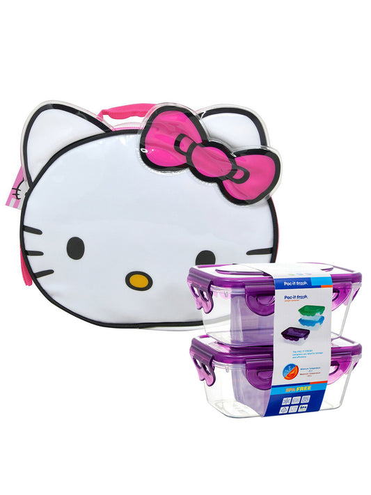 Pink Bow Hello Kitty Lunch Bag Insulated w/ 2-Pack Snack Food Containers Set