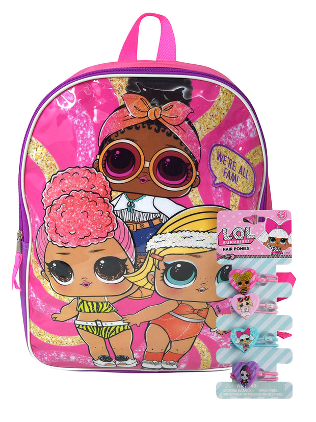 LOL Backpack 15" Surprise Purple Boogie Babe w/ Girls Elastic Hair Ponies Set