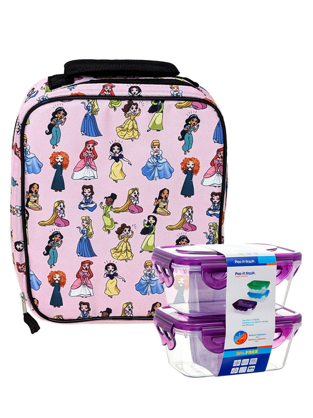 Disney Princesses Vertical Lunch Bag Insulated & 2-Pack Snack Container Set