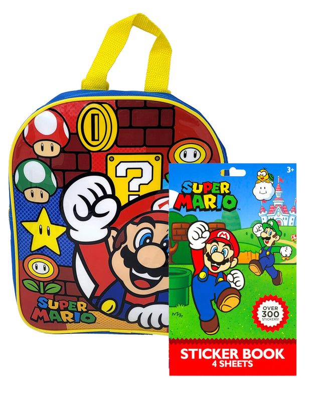 Mario 11" Backpack Mini 1-Up Life w/ Super 4 Sheet Sticker Book Set