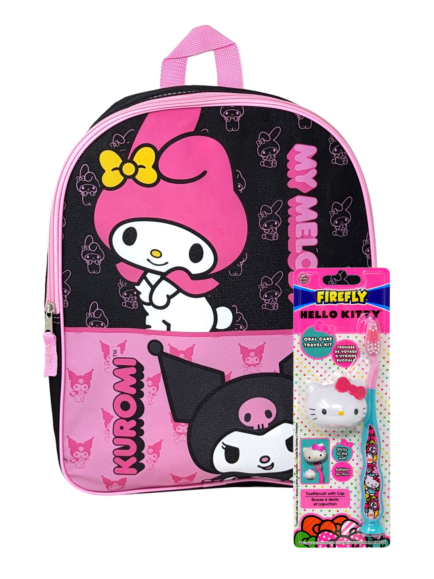 My Melody Kuromi Backpack 15" w/ Toothbrush Travel Set School Camp Traveling