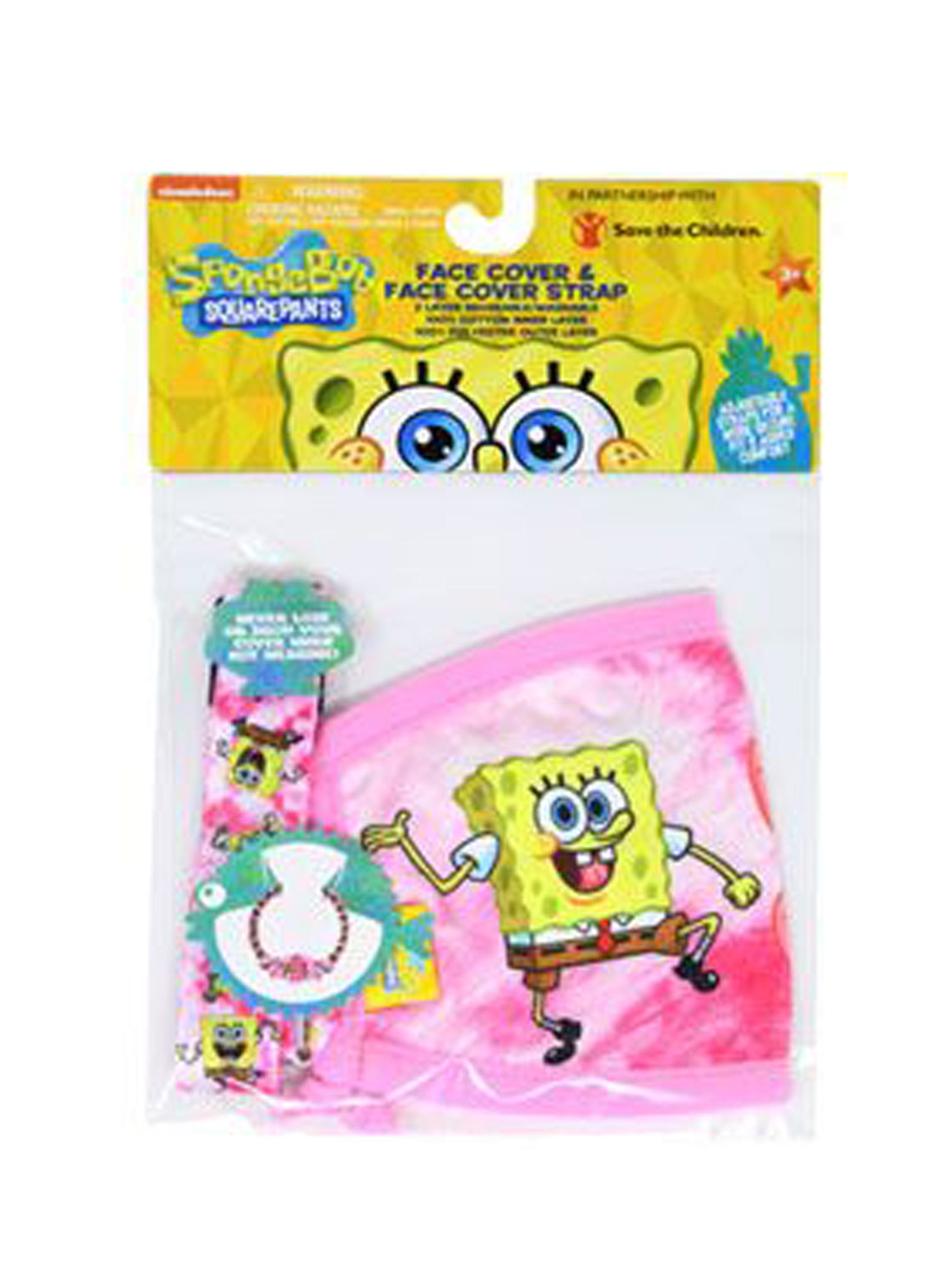 Spongebob Squarepants Smile 4 Pack Reusable Face Masks w/ Pink Neck Strap