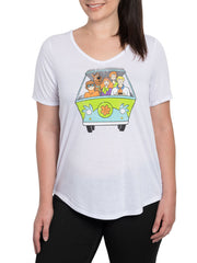Plus Size Women's Scooby Doo Mystery Machine Van Shaggy V-Neck T-Shirt White