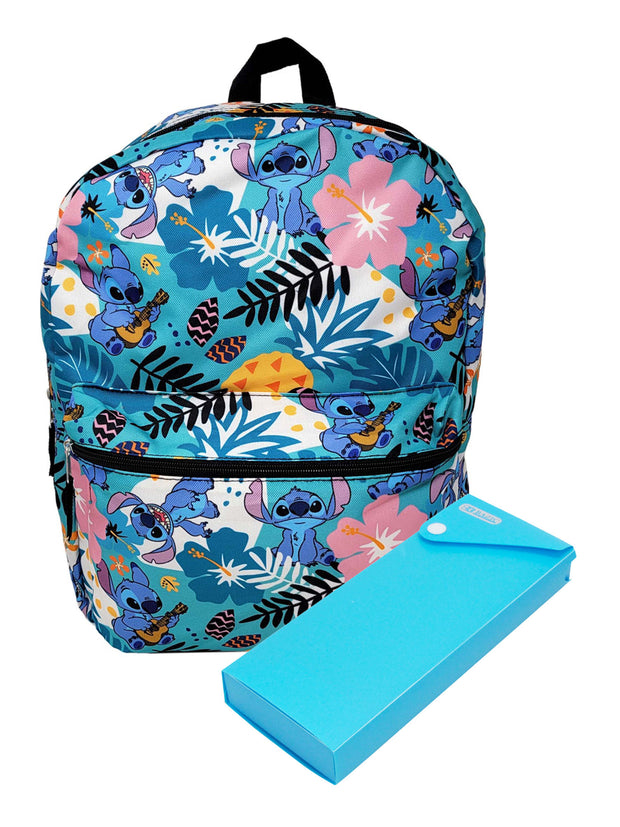 Stitch 16" Backpack All-Over Print Pineapples Flowers & Sliding Pencil Case Set
