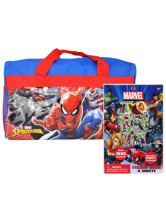 Marvel Spider-Man Duffel Bag 17" Travel Carry-On & Avenger 4-Sheet Sticker Book